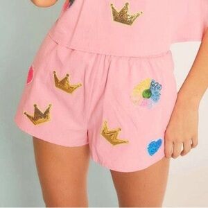 Main Strip Pink Shorts with Gold Crown Accents